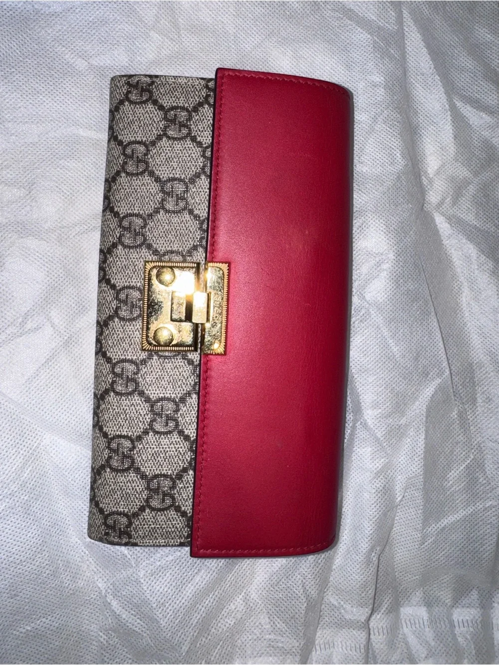 Gucci Red Leather & GG Monogram Continental Wallet with Gold Hardware